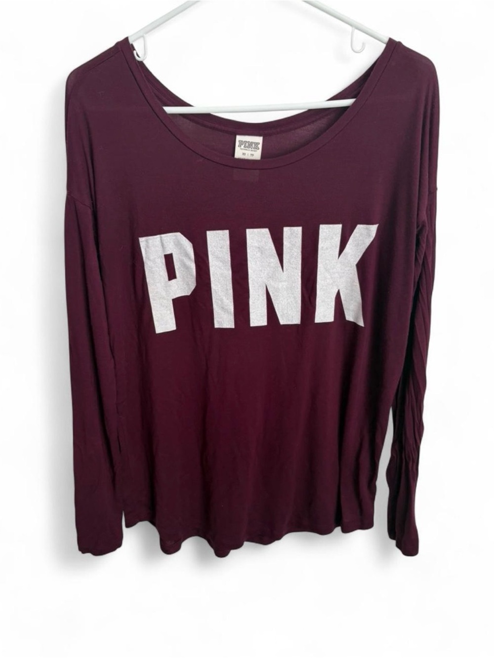 Victorias Secret PINK Long Sleeve Shirt Womens XS Maroon Burgundy Silver Graphic